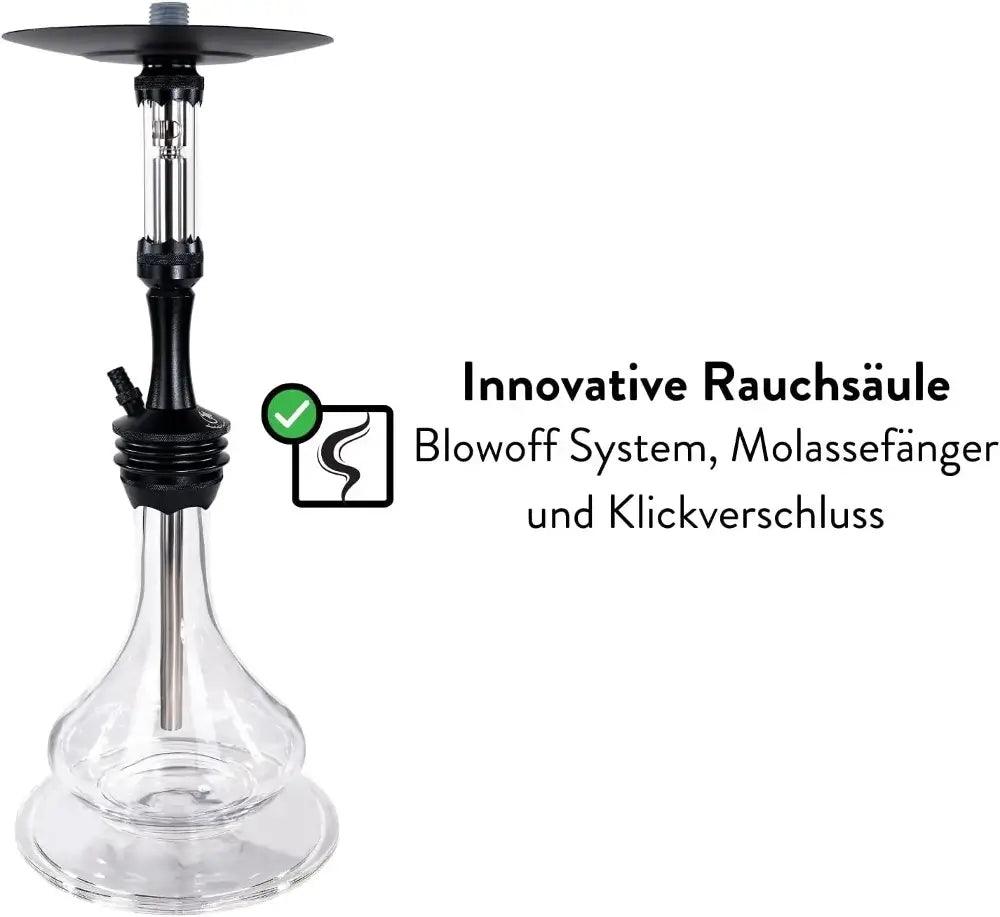 Dschinni Foxx Schwarz Shisha. Beschreibung: Innovative Rauchsäule, dank Blowoff System, Molassefänger und Klickverschluss.
