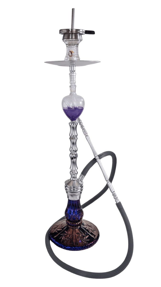 Dschinni Roxx Purple Rain Shisha mit Molassefänger und Schlauch mit Mundstück auf weißem Hintergrund