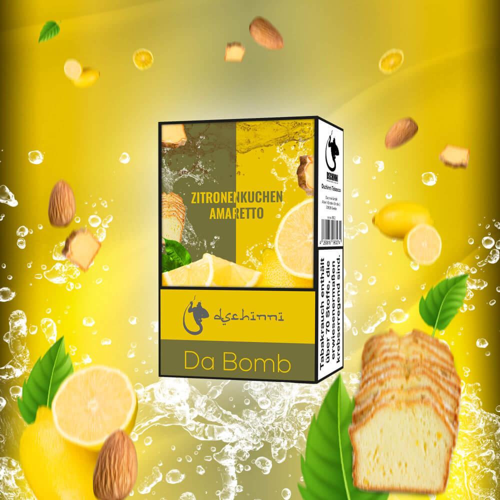 Shisha Tabak 25g Ba Bomb Zitronenkuchen Verpackung umgeben von Zitronen und Zitronenkuchen